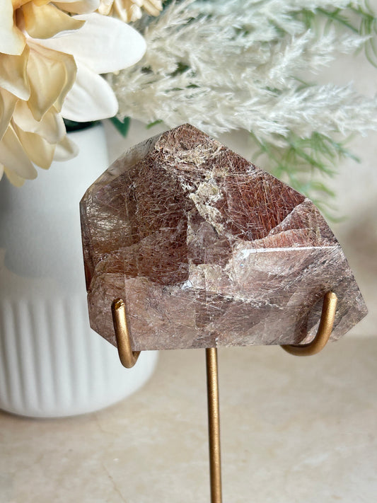 Rutilated Quartz Semi-Polished Statement Piece on Stand | Dense Golden Rutile Inclusions | One of a Kind Display Crystal