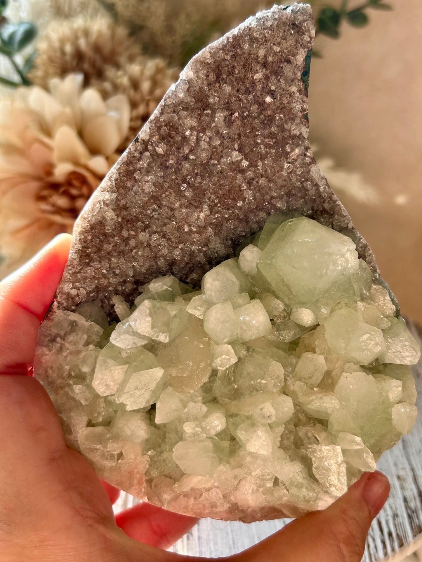 Green Apophyllite on Red Chalcedony Cluster