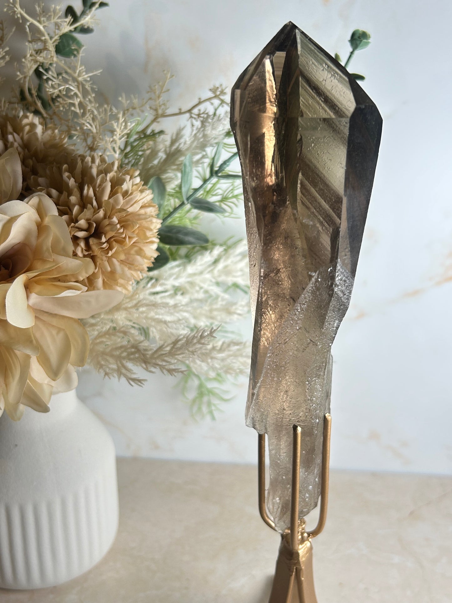Semi-Polished Smoky Quartz Crystal on Stand – Natural Smoky Quartz Point Display Piece