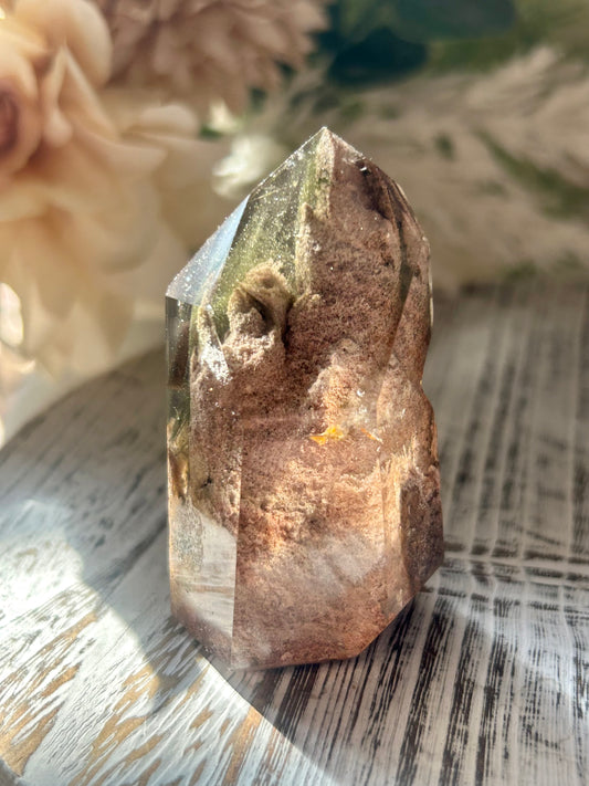 Inclusion Quartz Tower with natural mineral inclusions, polished clear Quartz, and unique internal crystal formations.