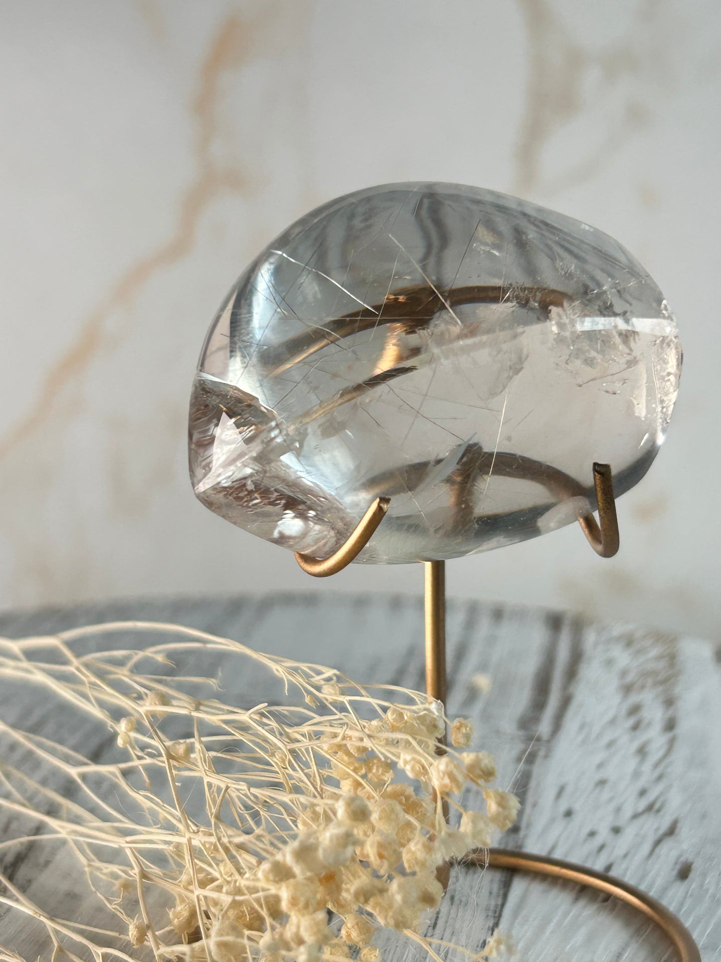 Rutilated Quartz Freeform on Gold Stand – High- Gold Threads