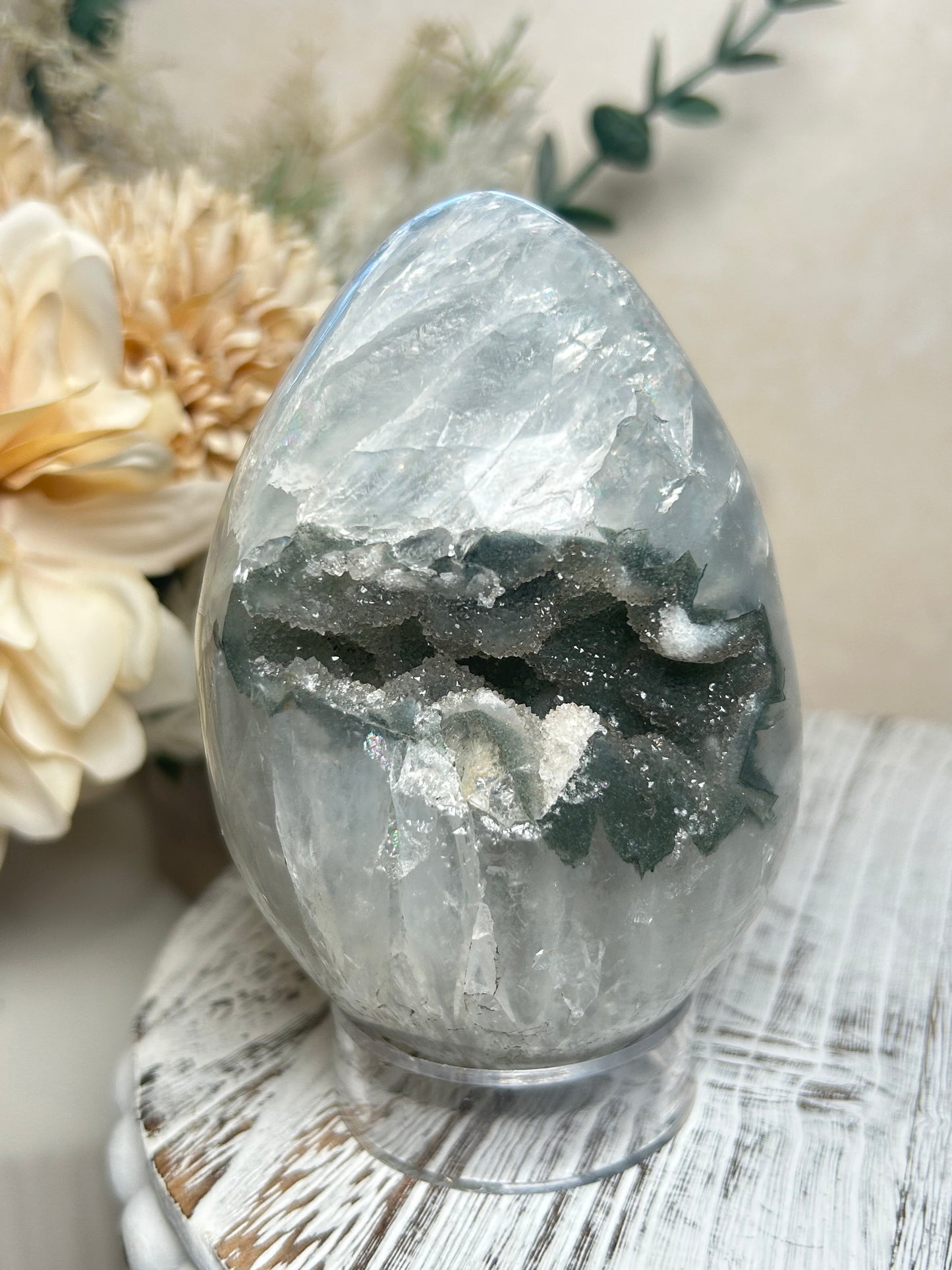 Rainbow Amethyst crystal egg displaying sparkle and layered Agate patterns