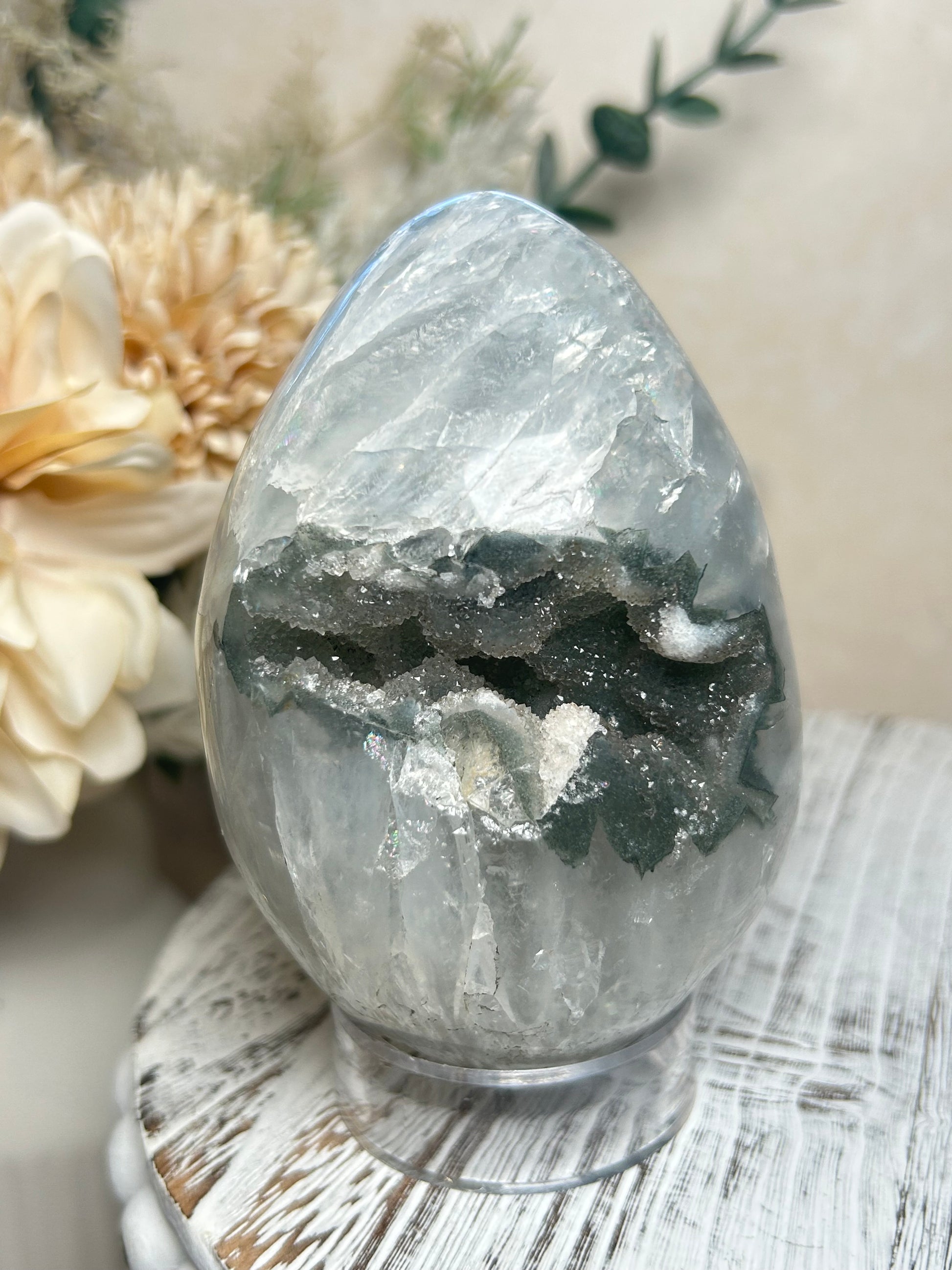 Rainbow Amethyst crystal egg displaying sparkle and layered Agate patterns