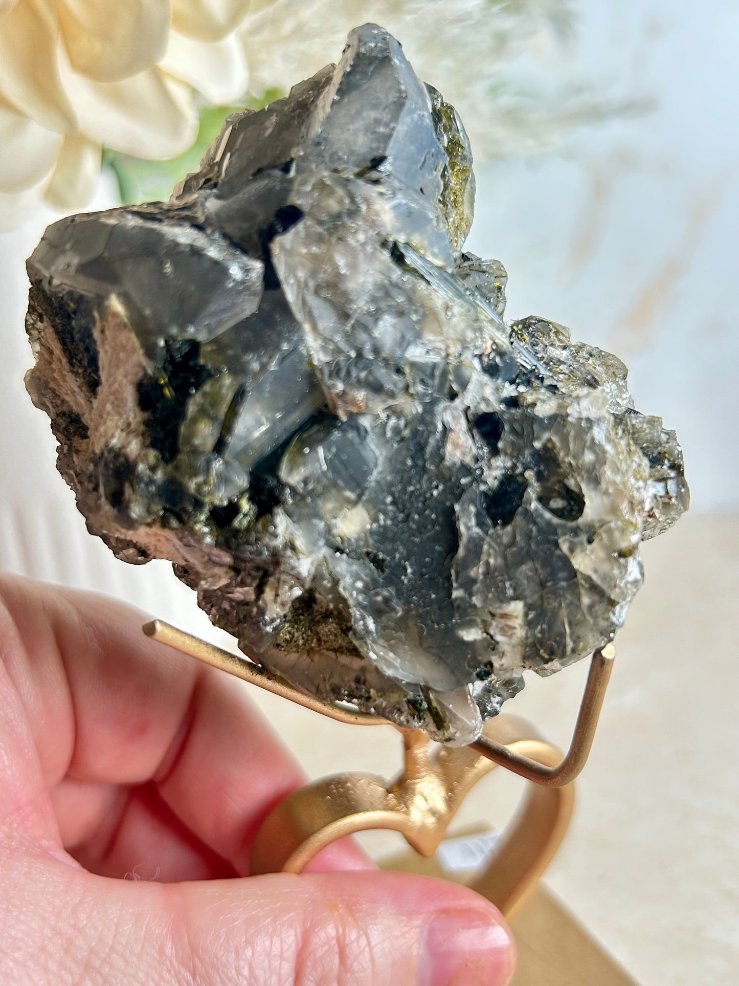 Natural Tourmaline & Epidote Crystal Cluster on Display Stand – Collector Mineral Specimen