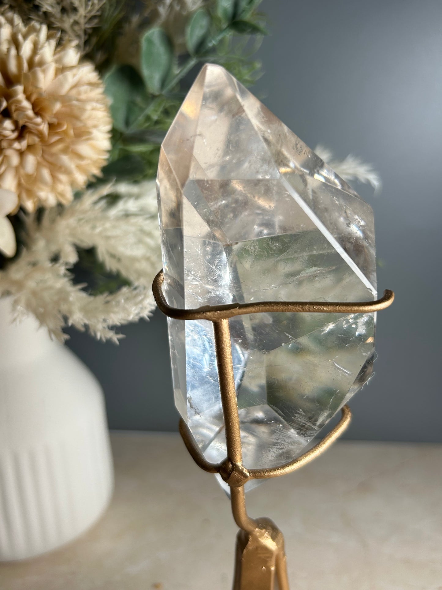 High Grade Polished Clear Quartz Freeform on Stand – Natural Quartz Display Crystal