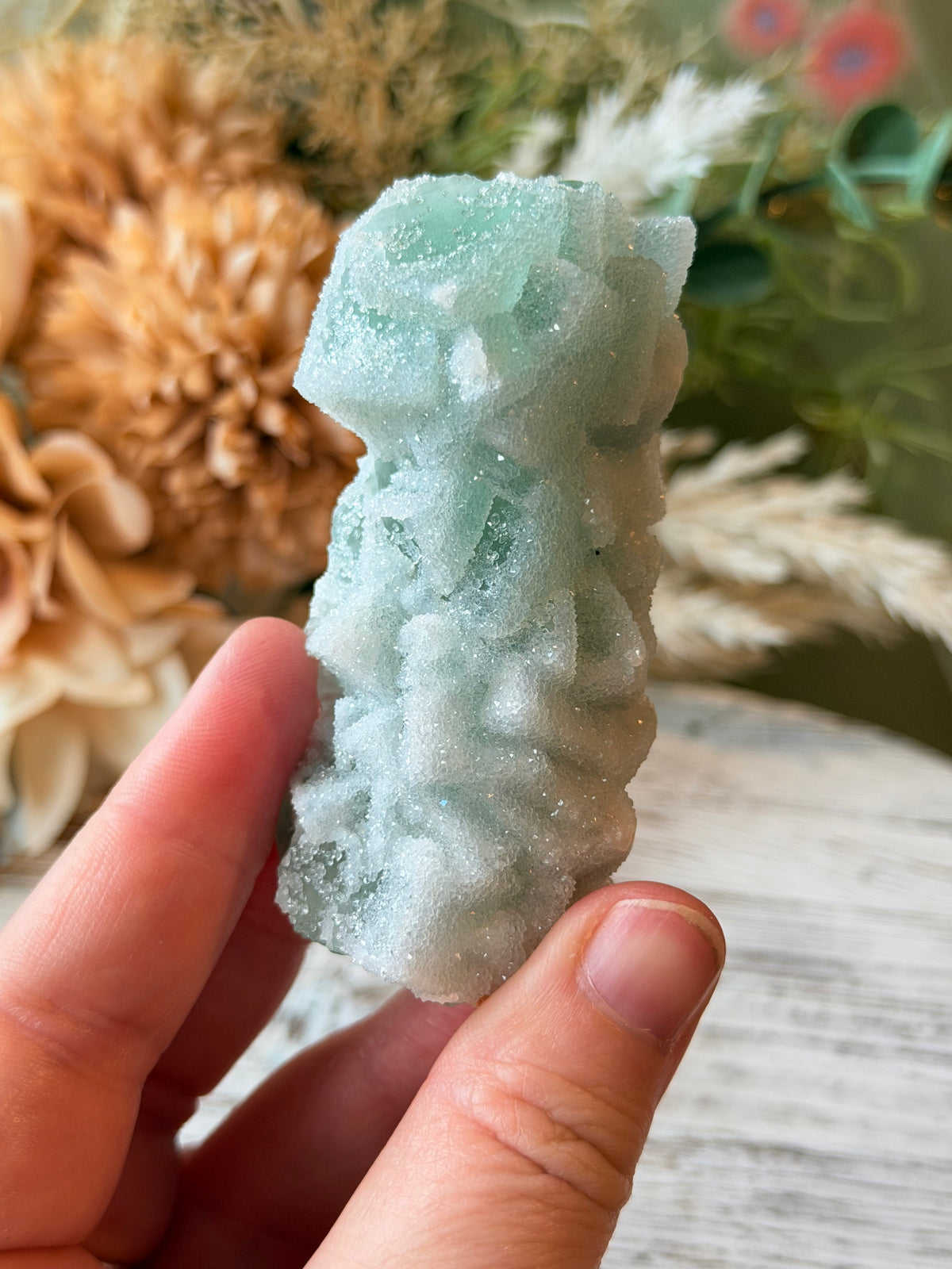 Green Sugar Fluorite Cluster - Stand Included