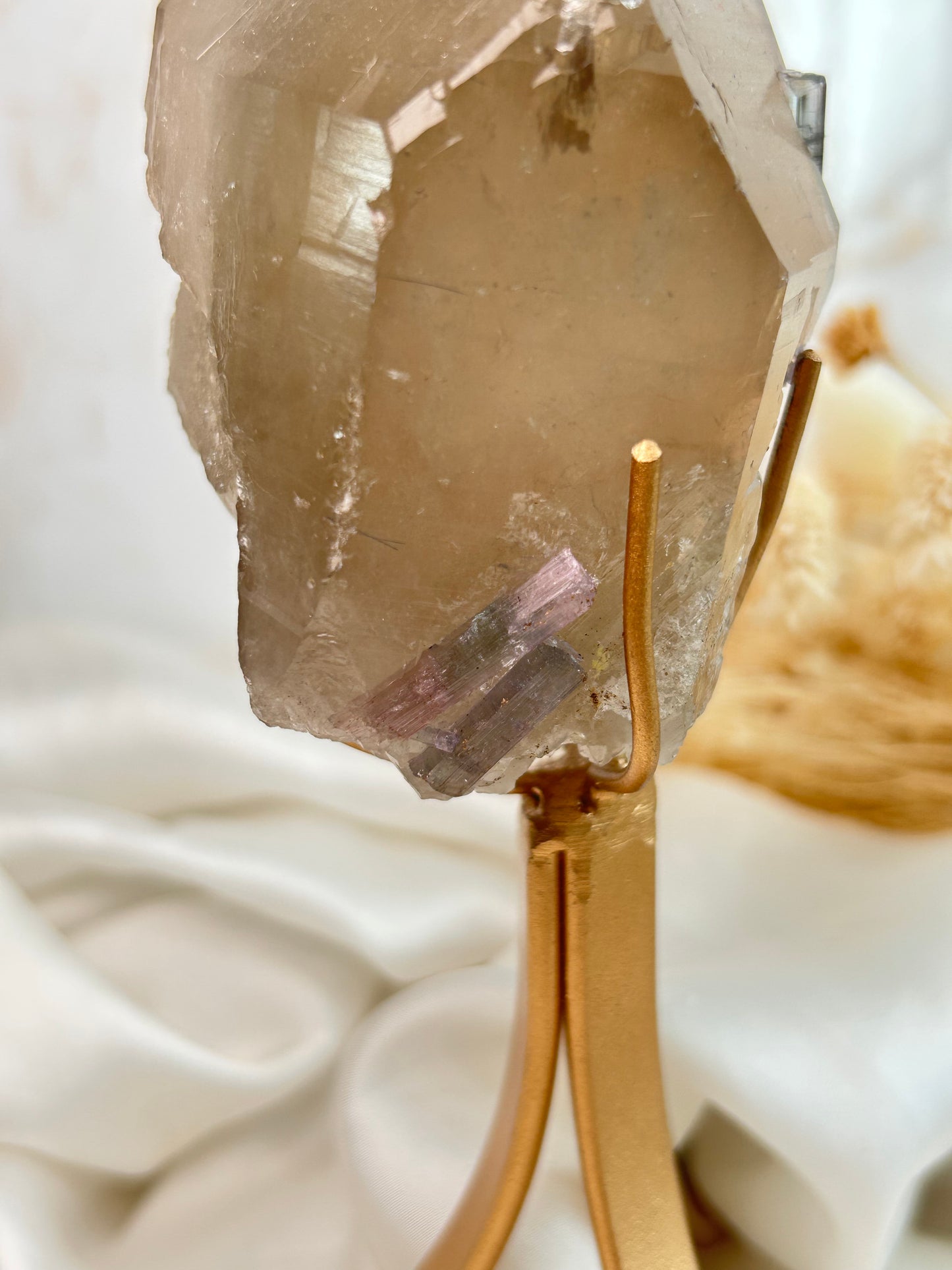 Citrine with Tourmaline Inclusion – Natural Golden Quartz from Brazil | custom stand included
