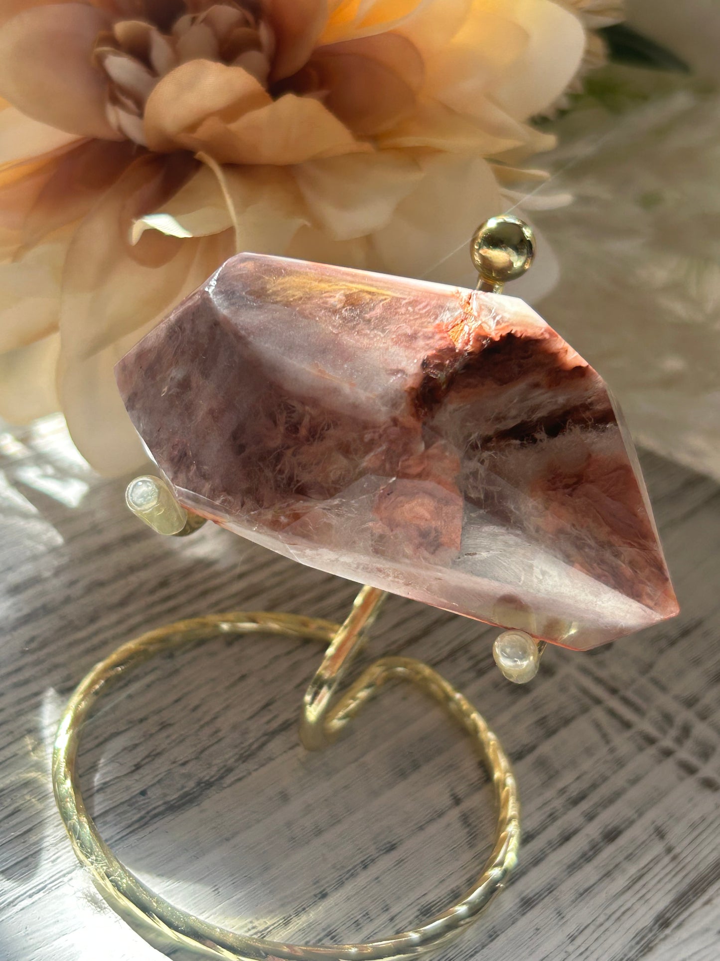Rare High Grade Amphibole Quartz Freeform – Berry Pink Purple Plume Inclusion - Collectors - Gold Stand Included