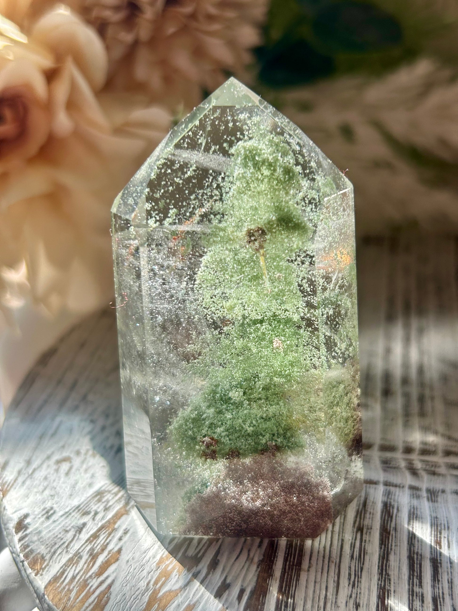 Inclusion Quartz Tower with natural mineral inclusions, polished clear Quartz, and unique internal crystal formations.