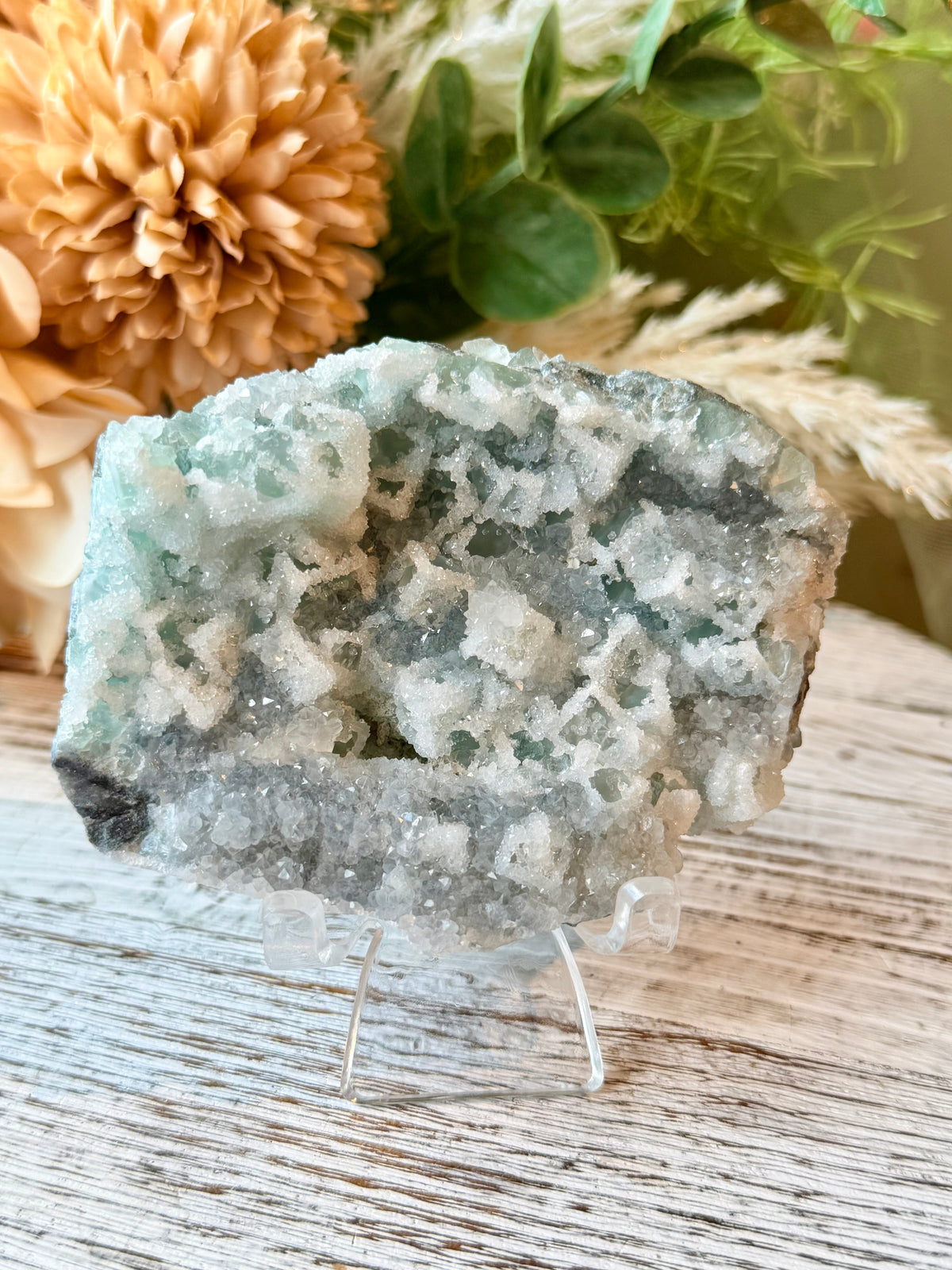 Green Sugar Fluorite Cluster - Stand Included