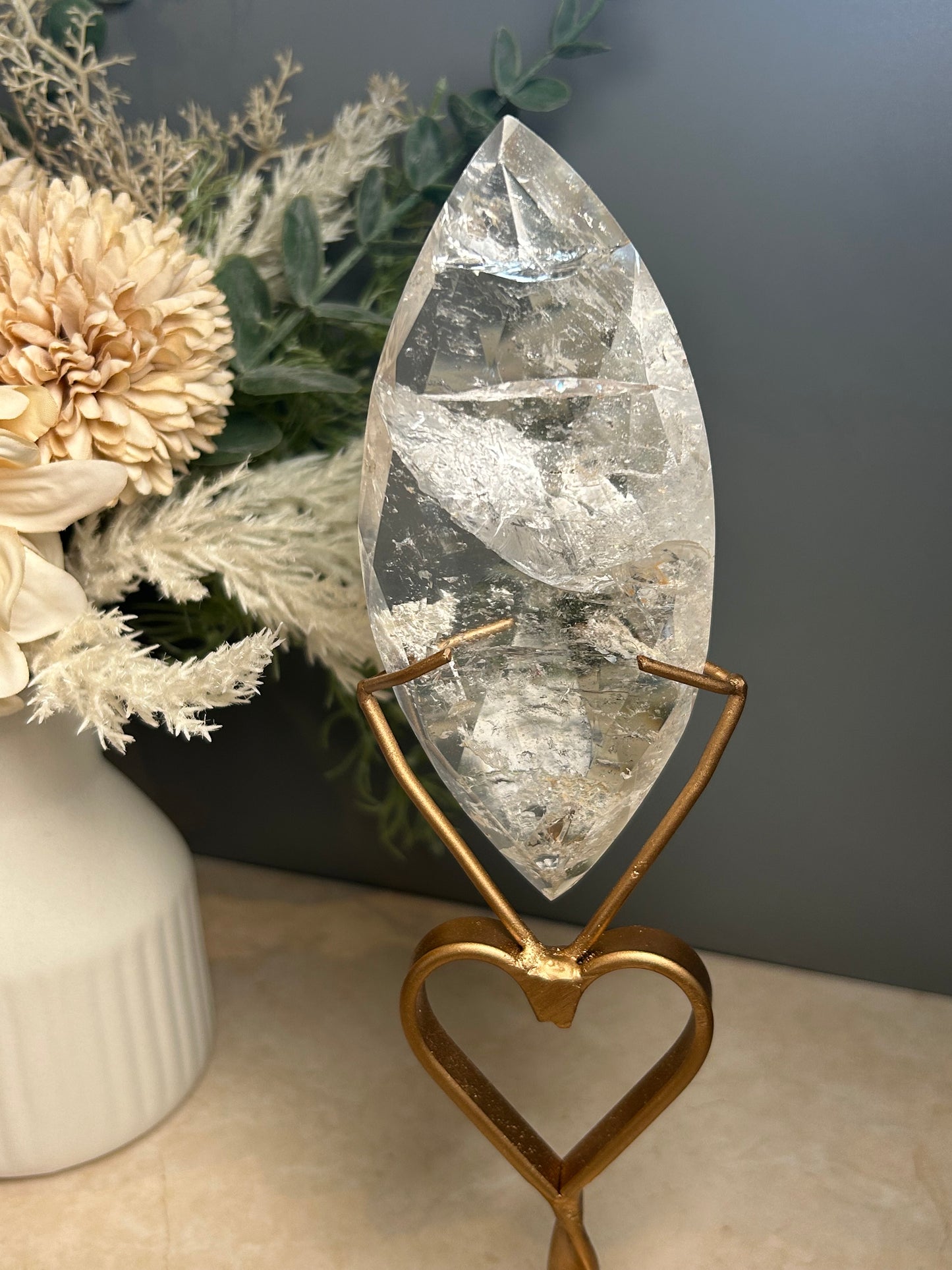 Faceted Clear Quartz Display Crystal on Custom Stand – Natural Quartz Statement Piece