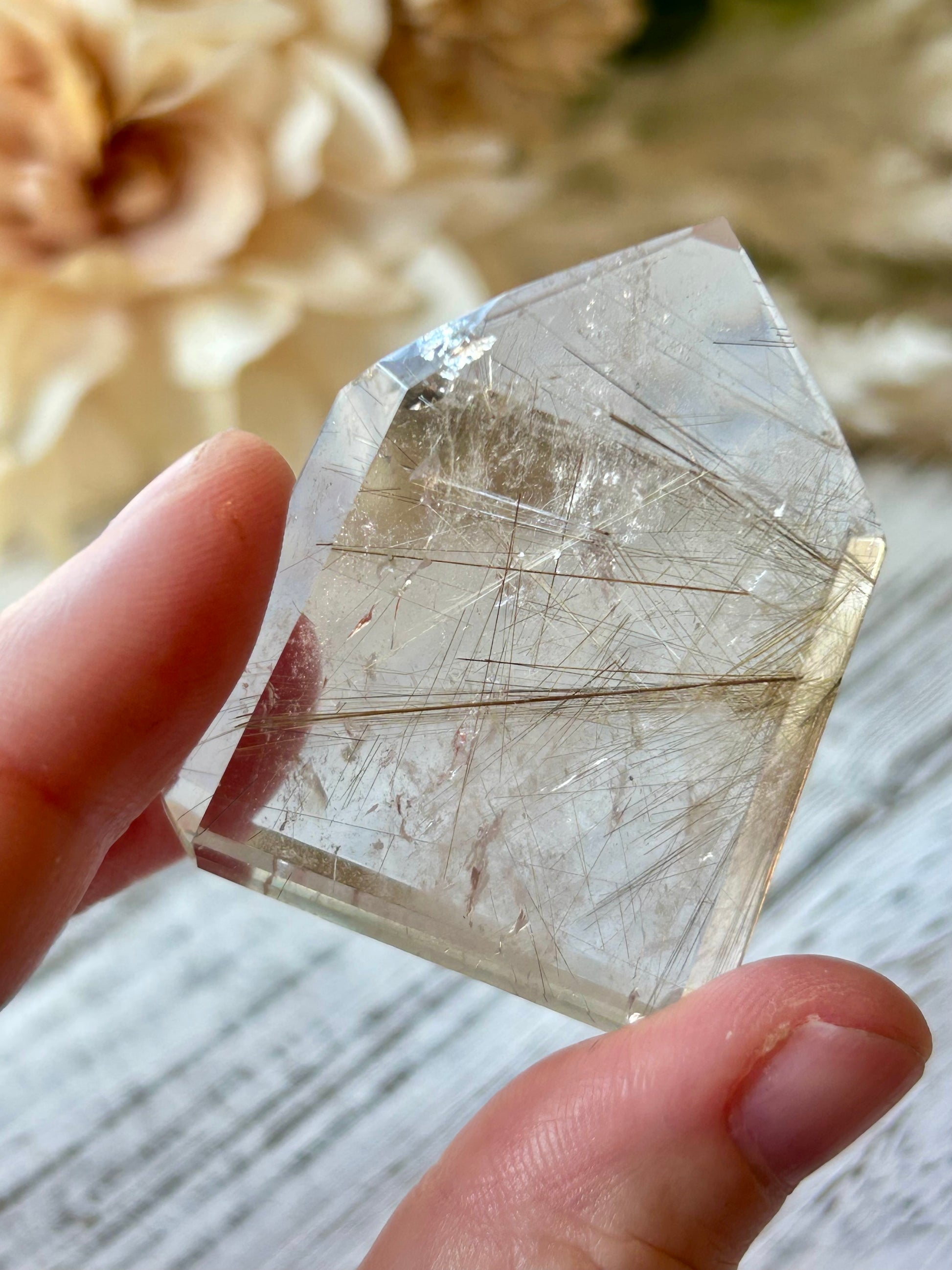 A hand holding a clear, faceted crystal with visible fine mineral inclusions, photographed close-up against a softly blurred neutral background.