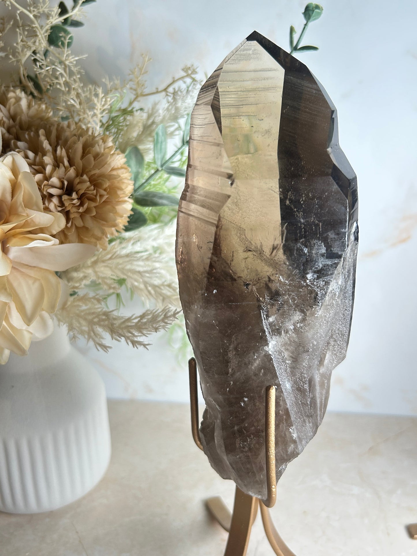 Semi-Polished Smoky Quartz Crystal on Stand – Natural Smoky Quartz Point Display Piece