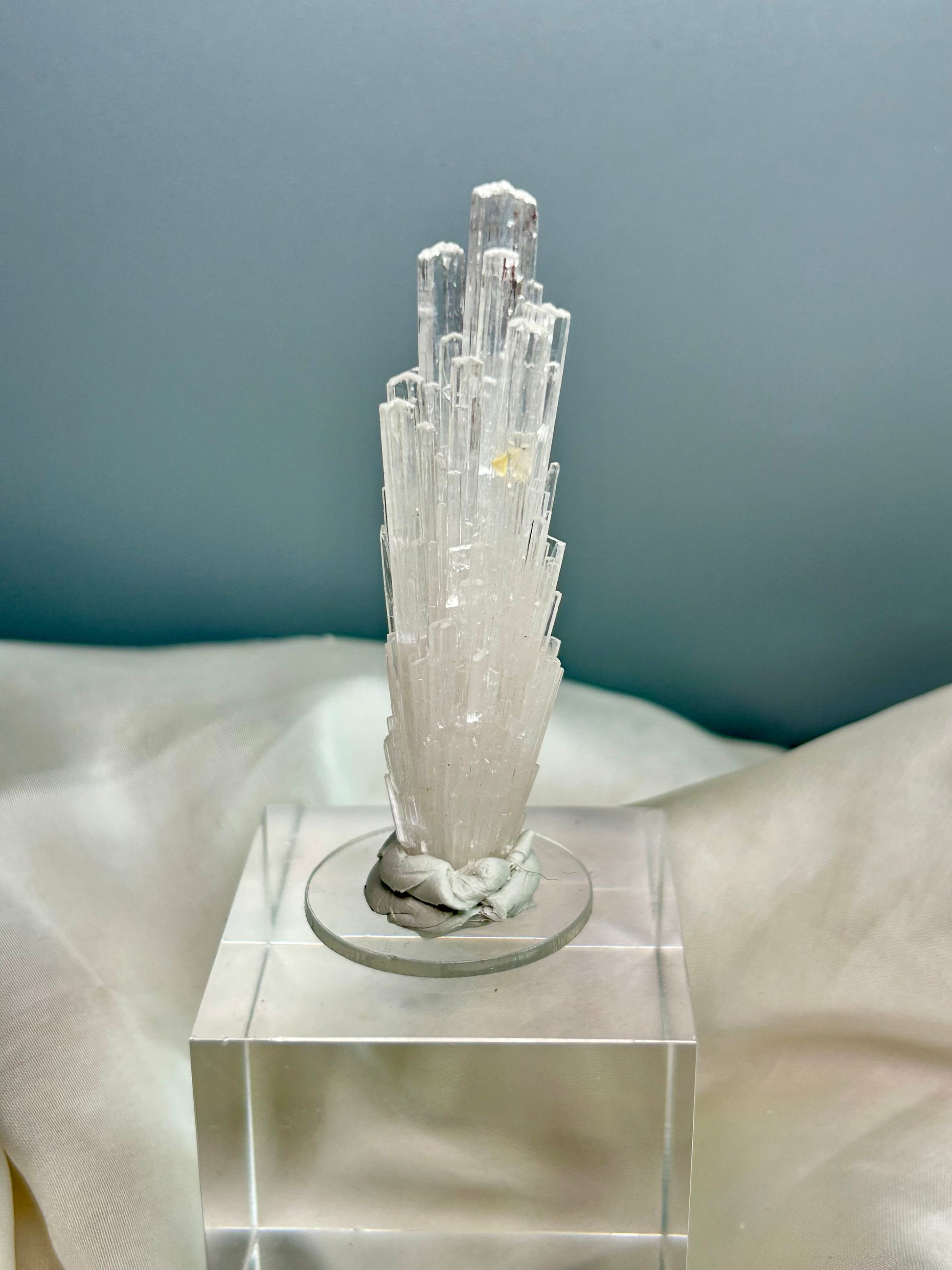 Natural scolecite spray cluster with golden calcite nodules from Maharashtra, featuring delicate radiating crystal blades