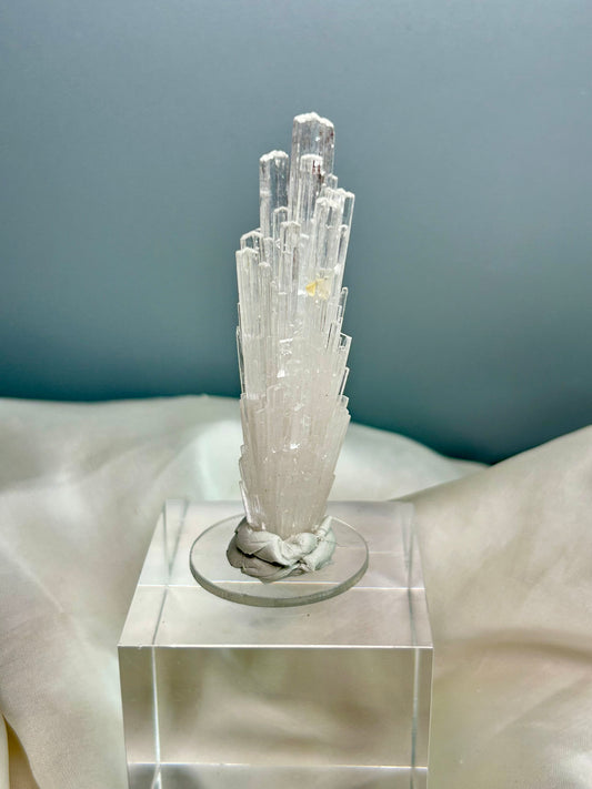 Natural scolecite spray cluster with golden calcite nodules from Maharashtra, featuring delicate radiating crystal blades