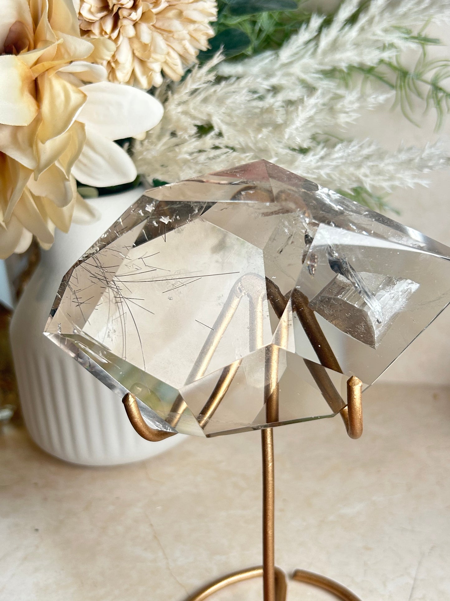 Rutilated Quartz Semi-Polished Statement Piece on Stand | High Clarity Quartz with Fine Rutile | One of a Kind Display Crystal