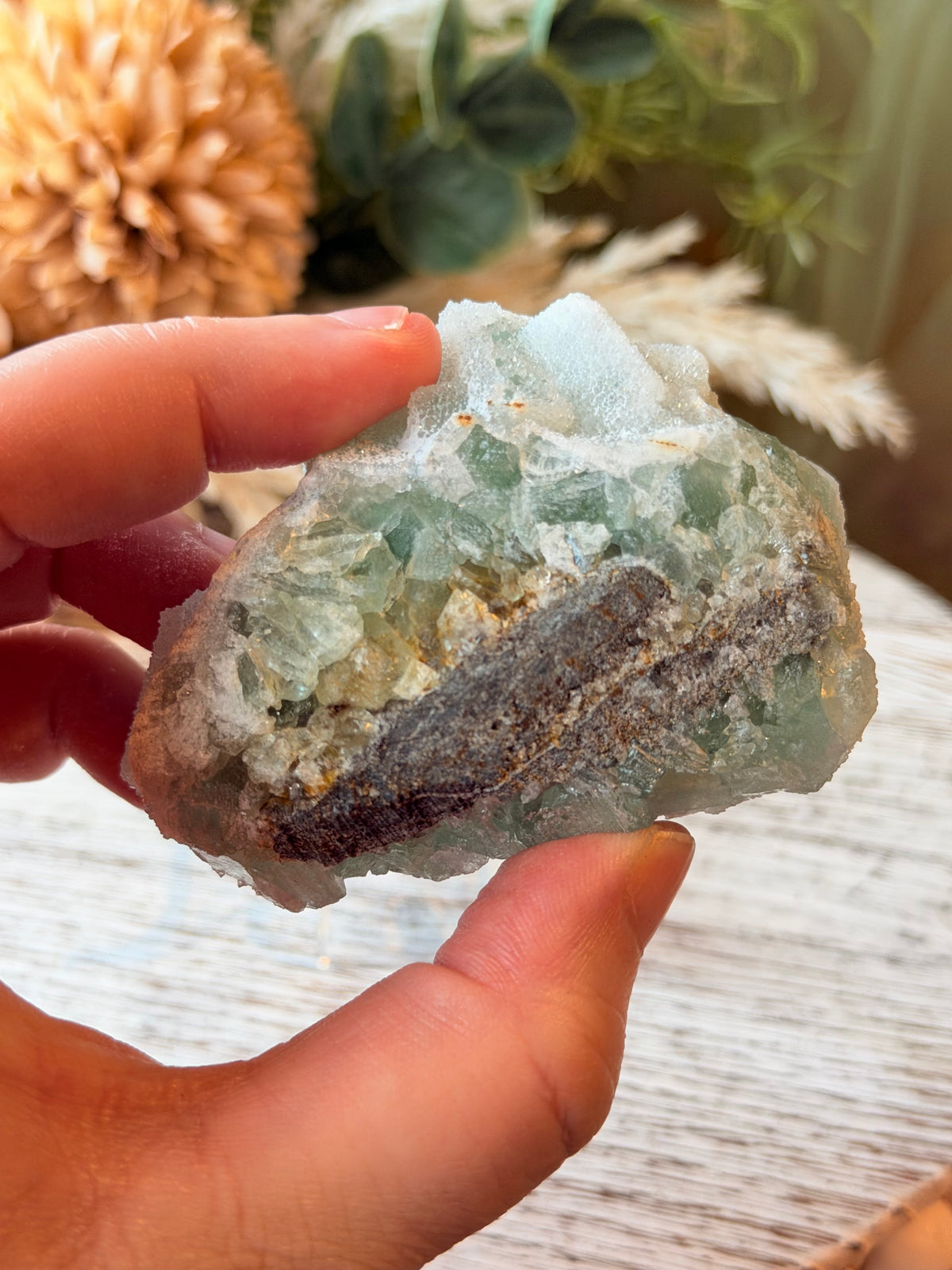 Green Sugar Fluorite Cluster - Stand Included