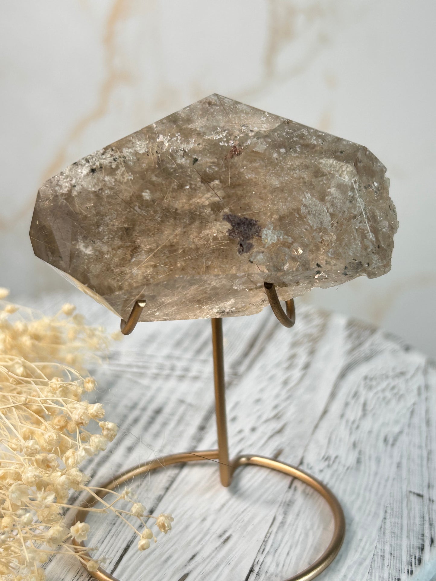 Rutilated and Lodolite Quartz Freeform on Gold Stand – High- Gold Threads