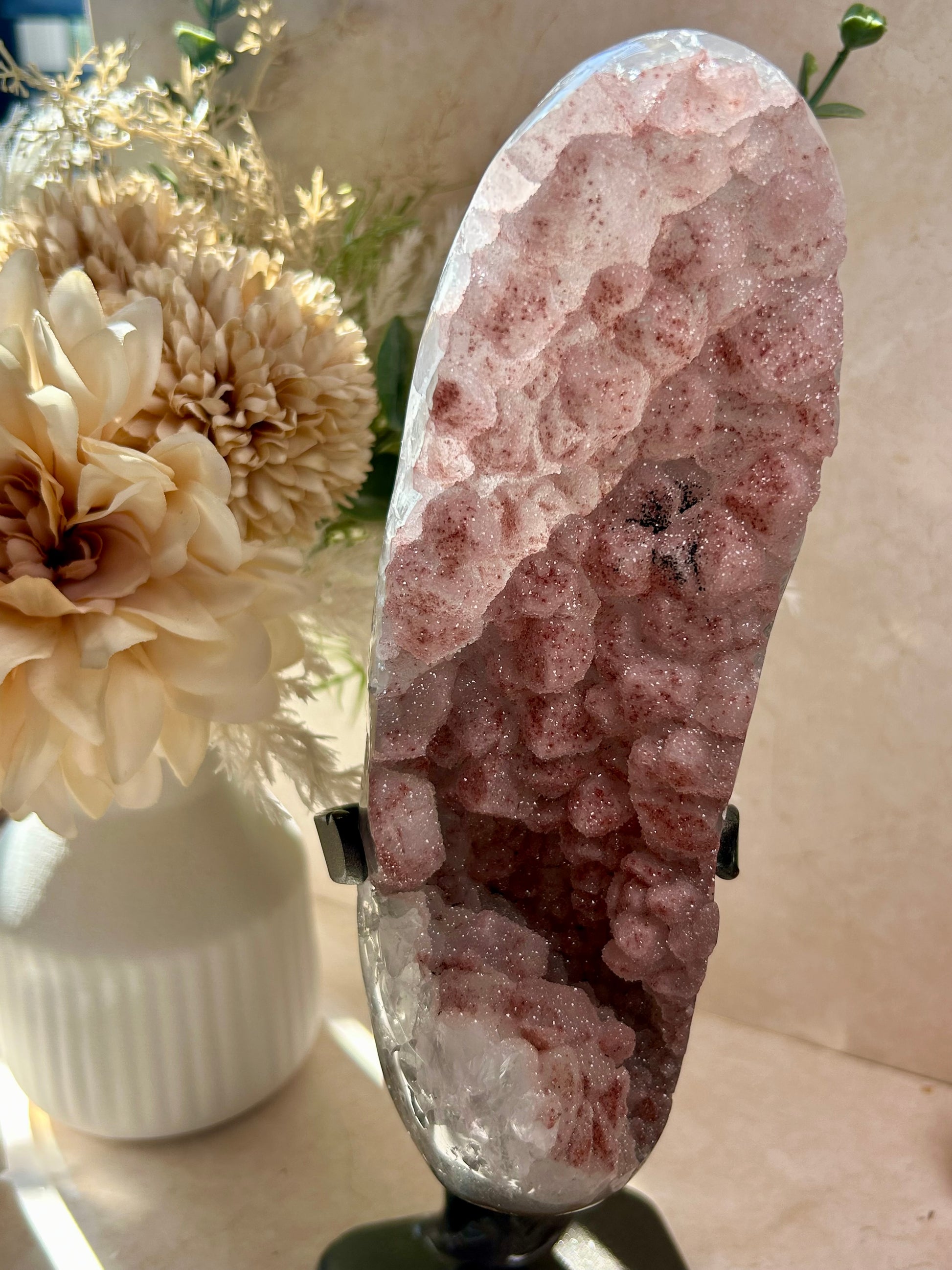 Large Pink Sugar Rainbow Amethyst statement piece with sparkling blush druzy crystal on a custom display stand.