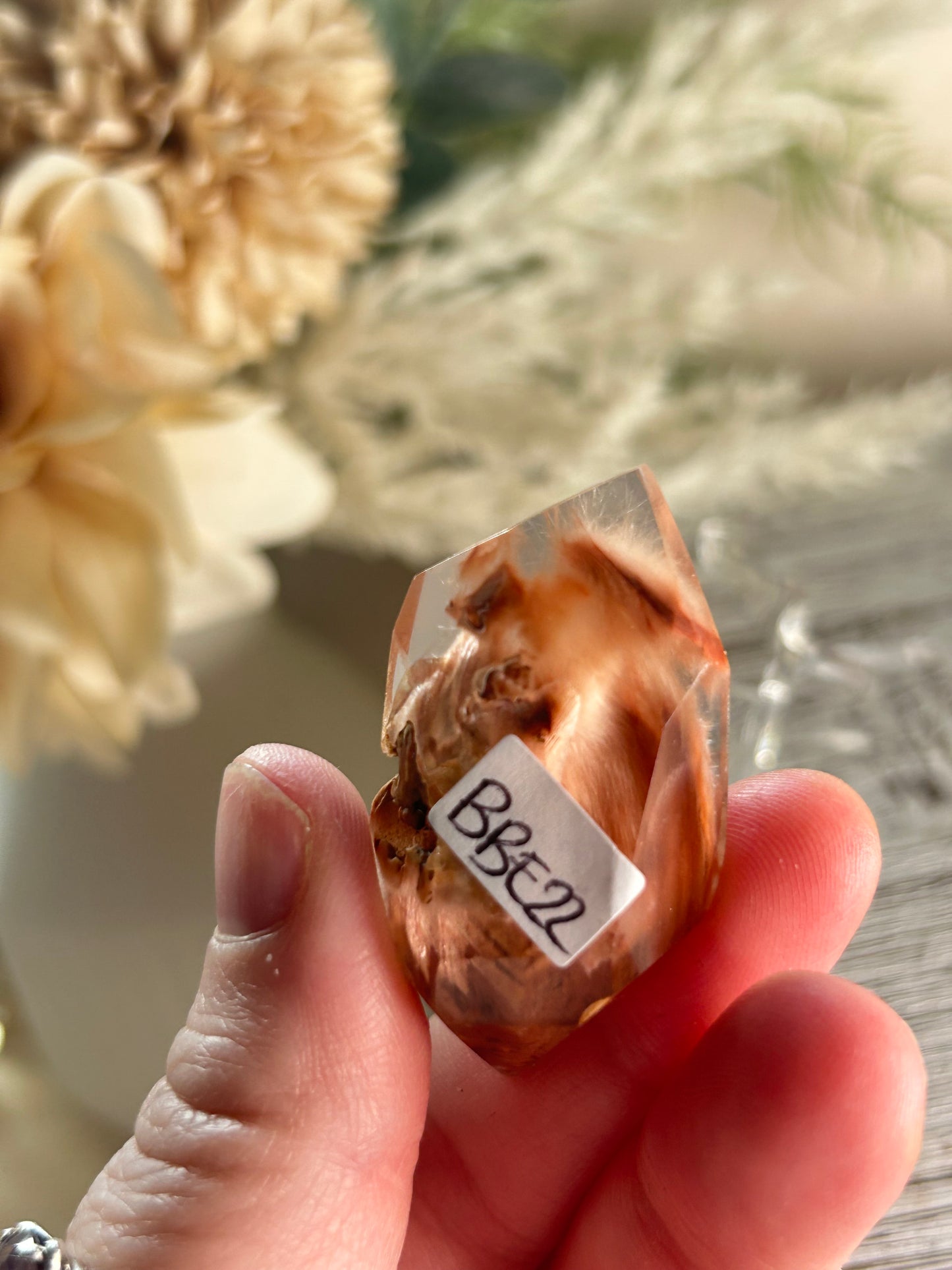 High Grade Amphibole Quartz Freeform – Orange Plume Inclusion - Stand Included