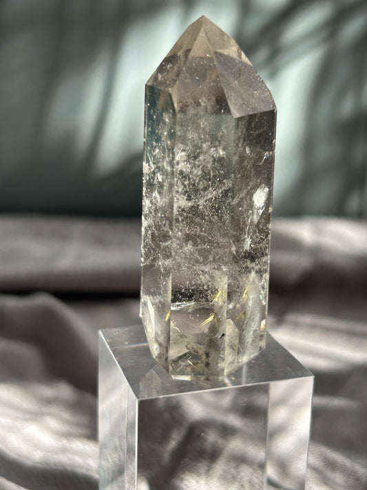 Grey Phantom Quartz tower from Brazil with soft grey internal phantoms and polished point