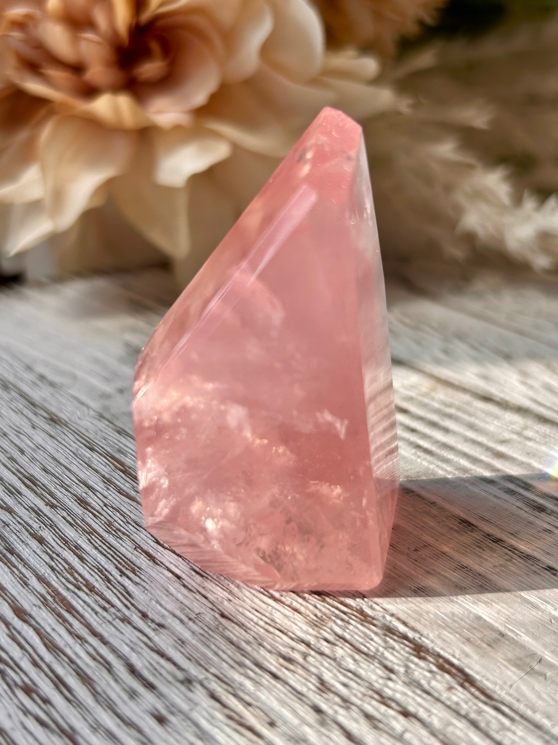 High grade Bubblegum Pink Rose Quartz freeform with vibrant natural pink colour and polished crystal finish.