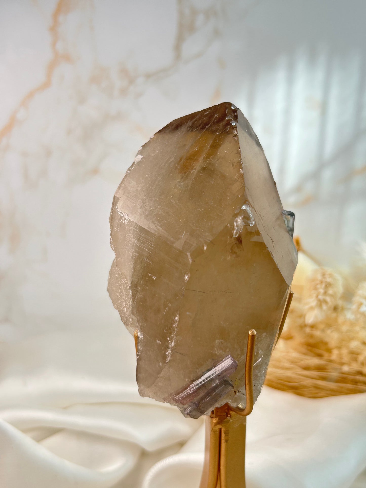 Citrine with Tourmaline Inclusion – Natural Golden Quartz from Brazil | custom stand included