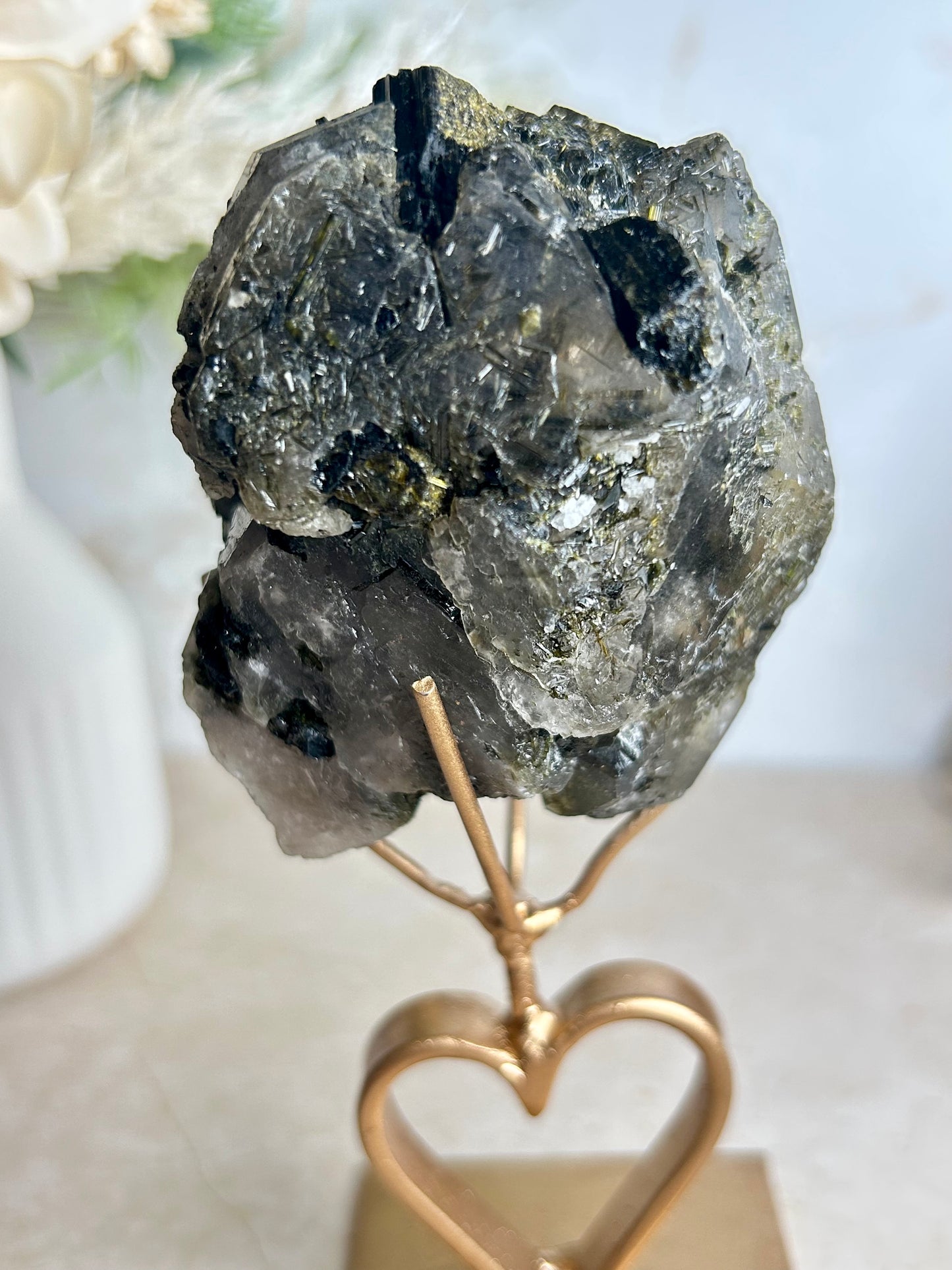Natural Tourmaline & Epidote Crystal Cluster on Display Stand – Collector Mineral Specimen