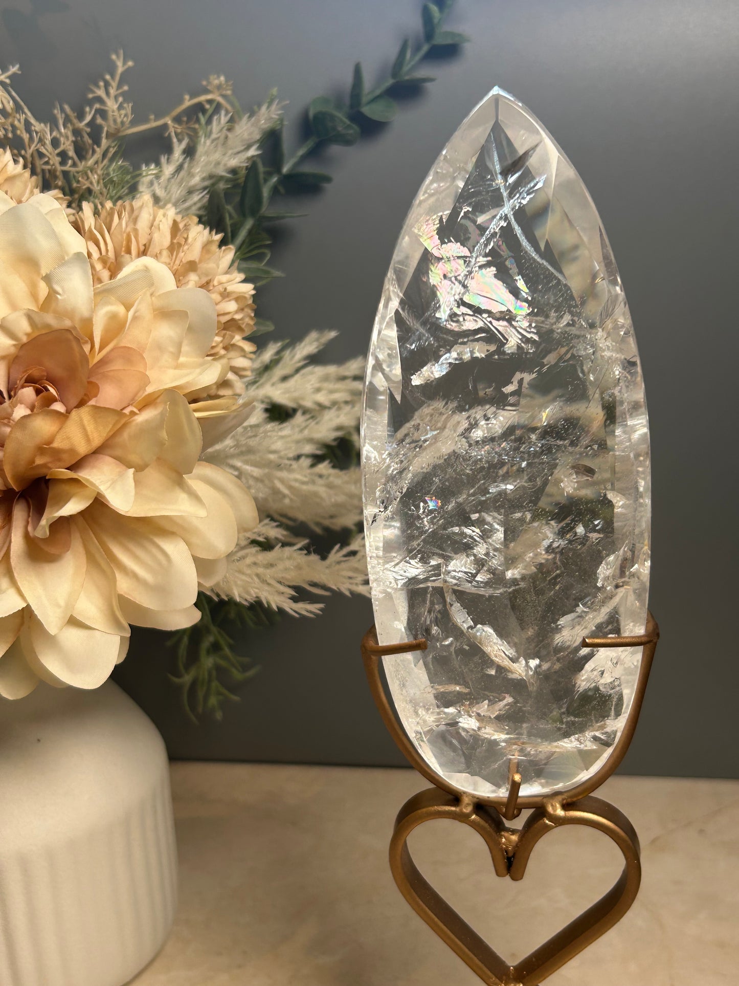 Faceted Clear Quartz Display Crystal on Custom Spinning Stand – Natural Quartz Statement Piece