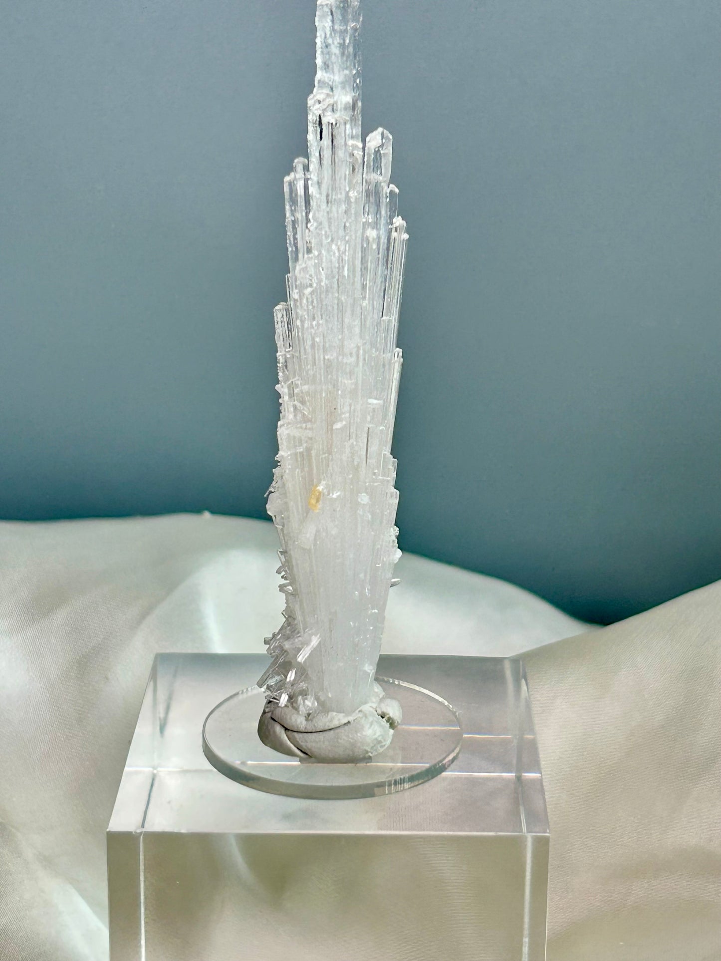Natural scolecite spray cluster with golden calcite nodules from Maharashtra, featuring delicate radiating crystal blades