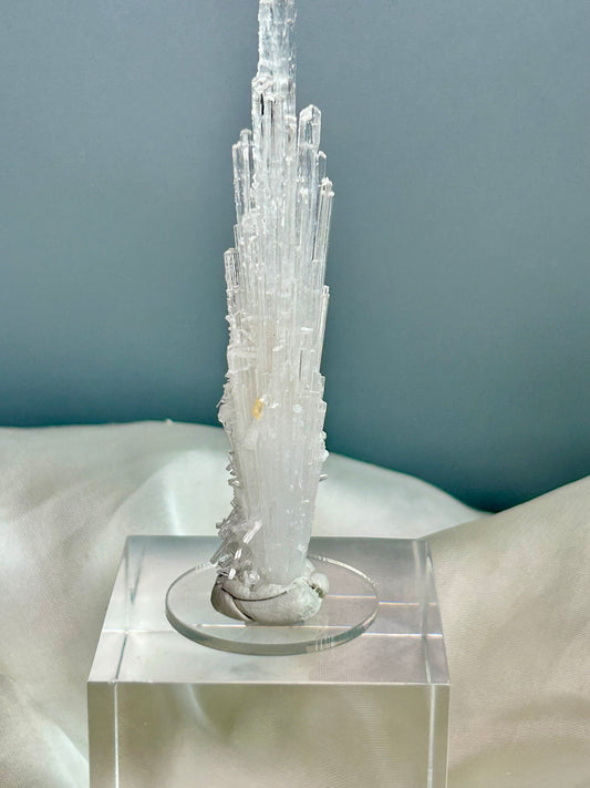 Natural scolecite spray cluster with golden calcite nodules from Maharashtra, featuring delicate radiating crystal blades