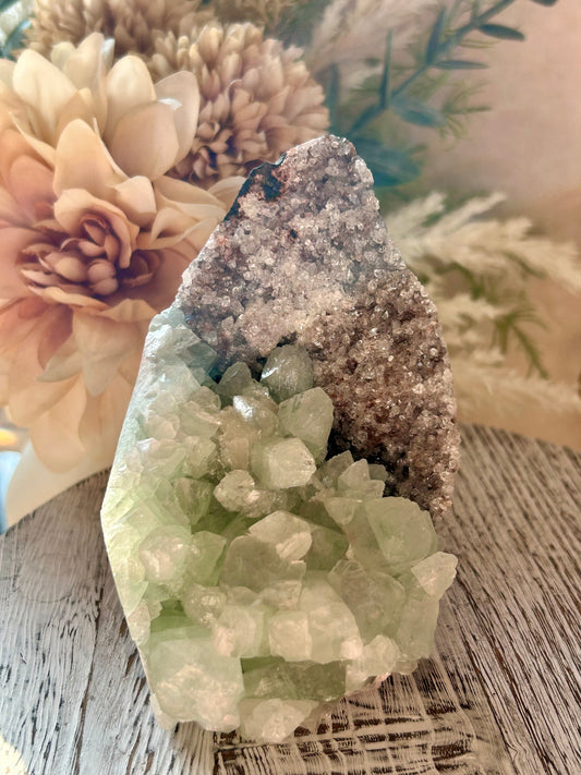 Green Apophyllite on Red Chalcedony cluster with sparkling green crystals and natural red mineral matrix.