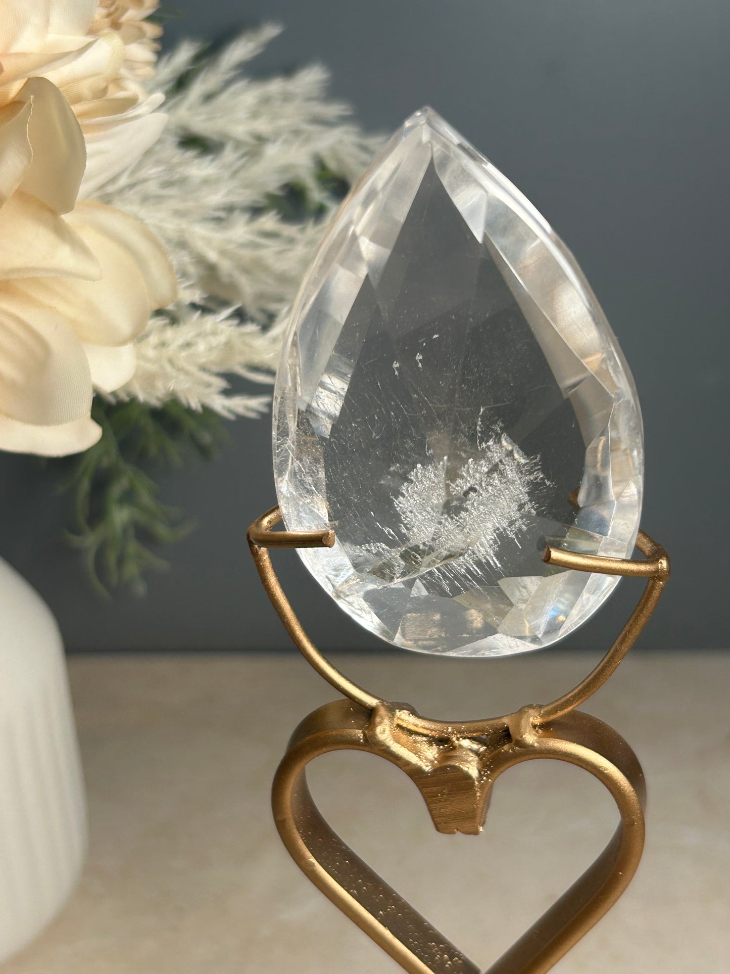 Faceted Clear Quartz Display Crystal on Custom Stand – Natural Quartz Piece - Iron “Butterfly” Inclusion