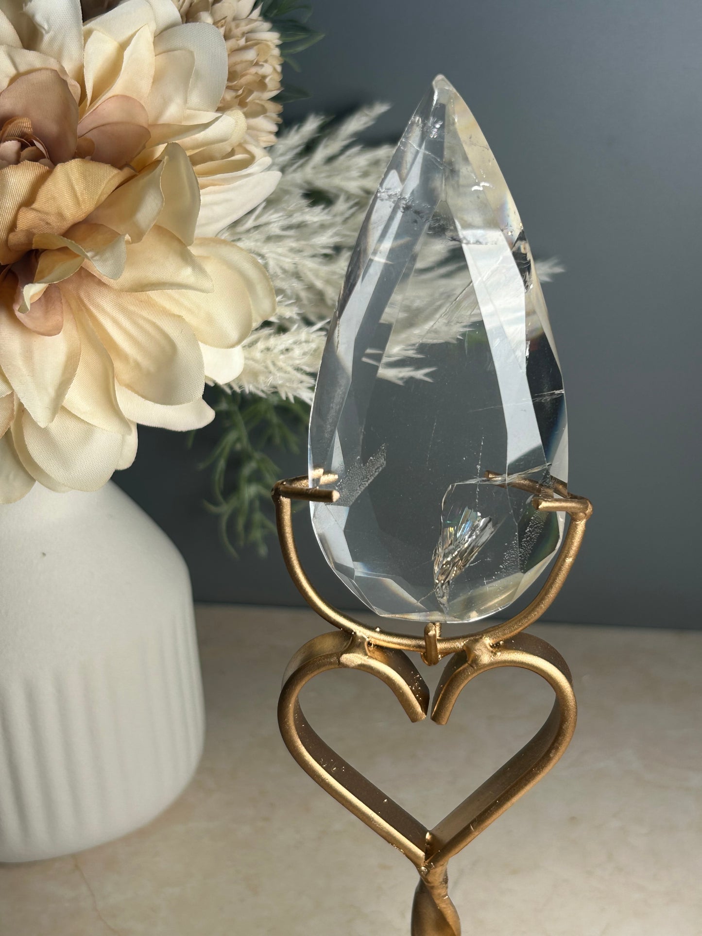 Faceted Clear Quartz Display Crystal on Custom Stand – Natural Quartz Piece - Iron “Butterfly” Inclusion
