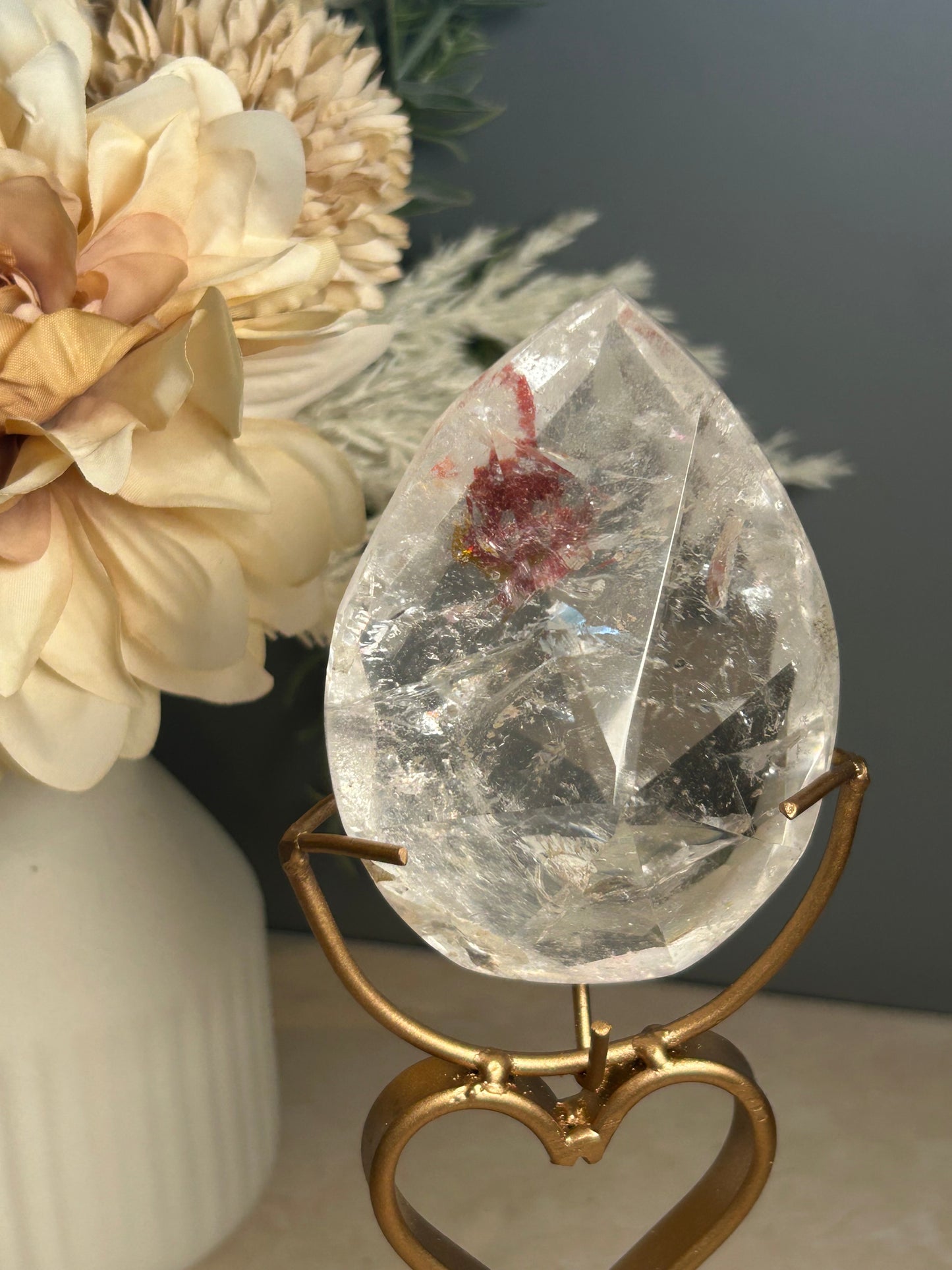 Faceted Clear Quartz Display Crystal on Custom Stand – Natural Quartz Piece - Iron “Butterfly” Inclusion