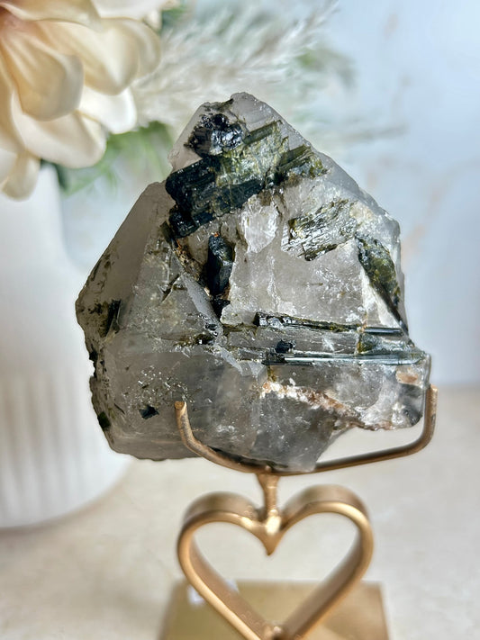 Natural Tourmaline & Epidote Crystal Cluster on Display Stand – Collector Mineral Specimen