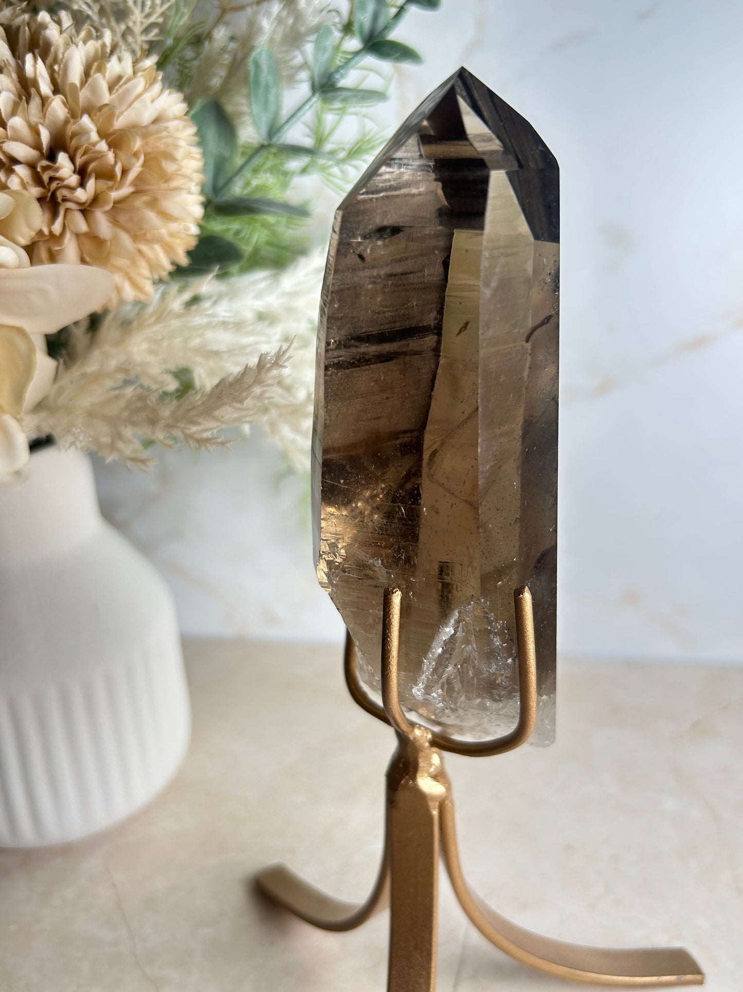 Semi-Polished Smoky Quartz Crystal on Stand – Natural Smoky Quartz Point Display Piece