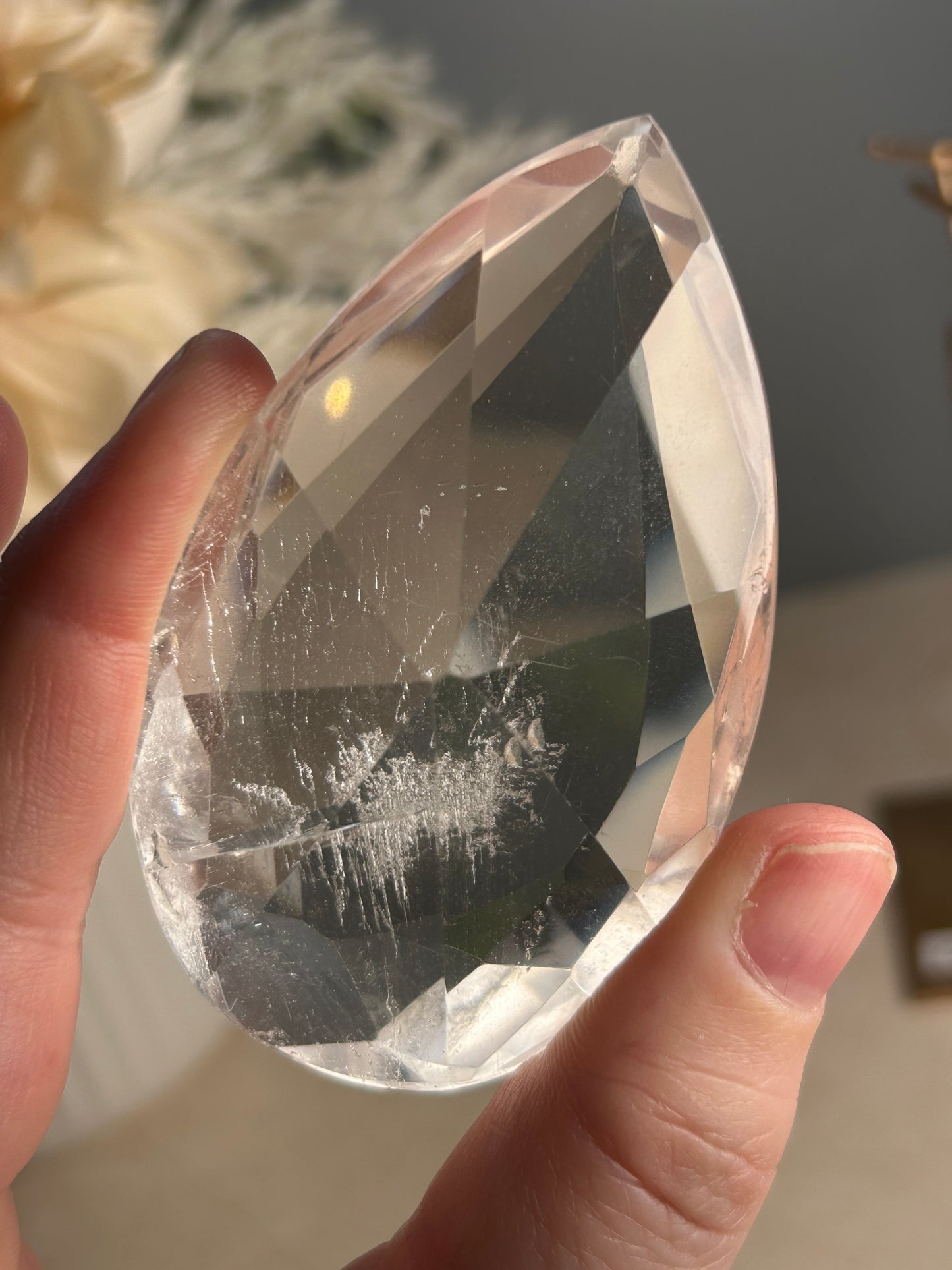 Faceted Clear Quartz Display Crystal on Custom Stand – Natural Quartz Piece - Iron “Butterfly” Inclusion