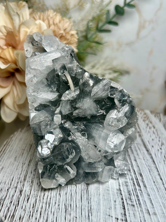 Self-standing apophyllite crystal cluster on shimmering grey chalcedony matrix from India