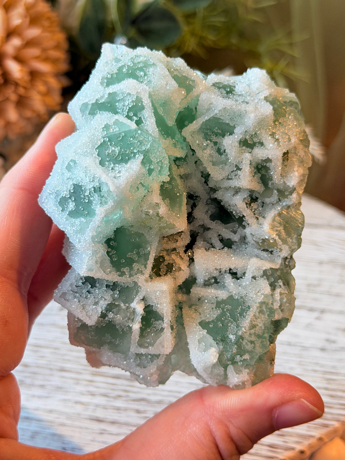 Green Sugar Fluorite Cluster - Stand Included