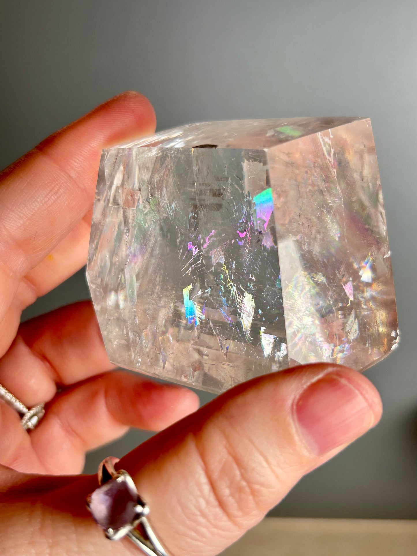 Optical Calcite Cube — Clear Iceland Spar Crystal | Rainbow Flashes