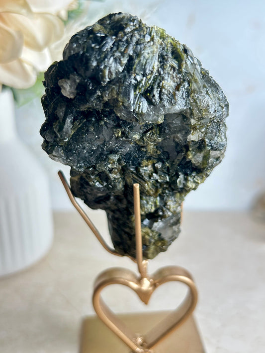 Natural Tourmaline & Epidote Crystal Cluster on Display Stand – Collector Mineral Specimen