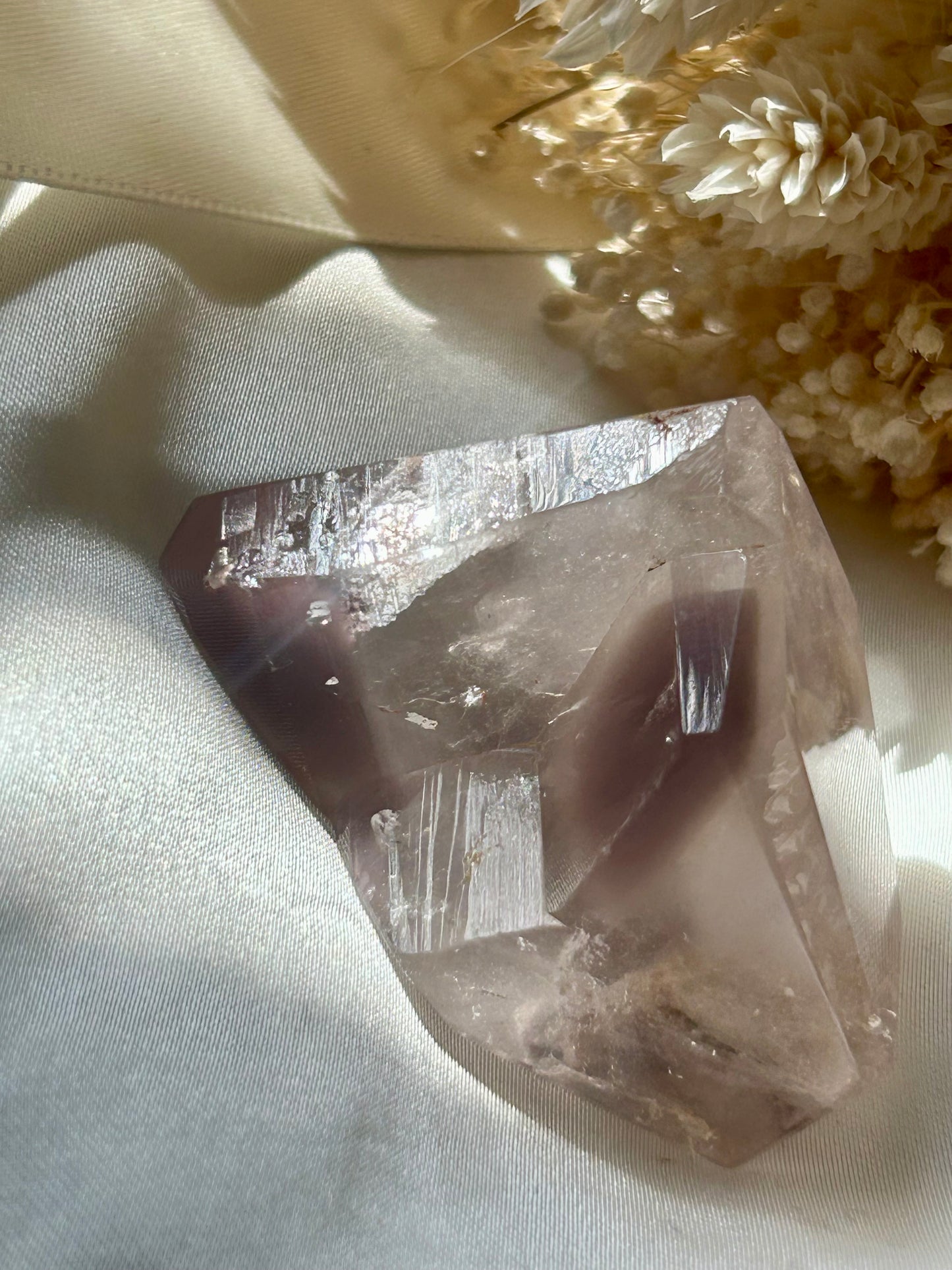 Each pink lithium piece is sitting in the sun on an ivory satin background with cream dried flowers in the background.
