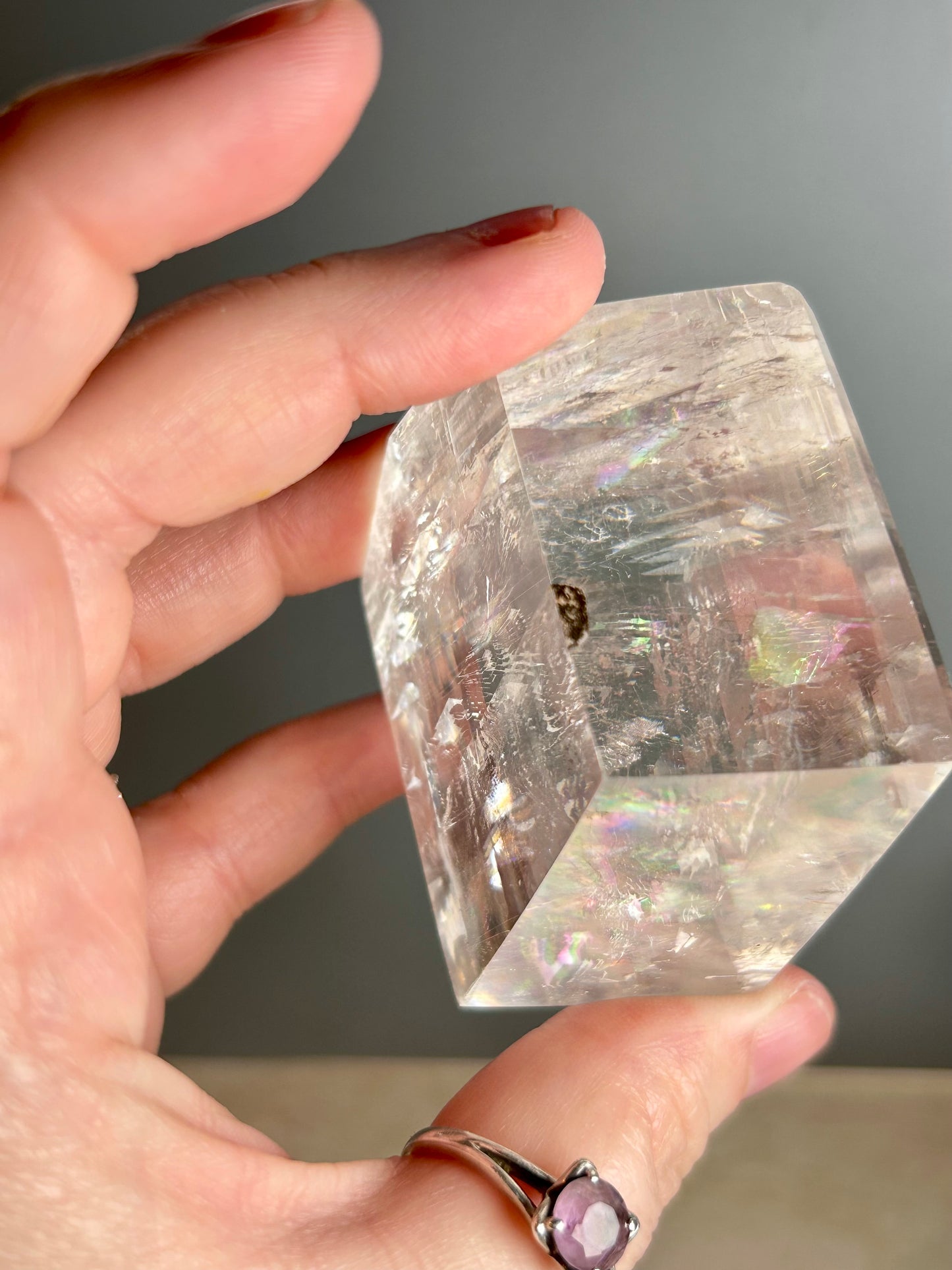 Optical Calcite Cube — Clear Iceland Spar Crystal | Rainbow Flashes