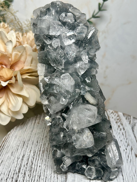 Self-standing apophyllite crystal cluster on shimmering grey chalcedony matrix from India