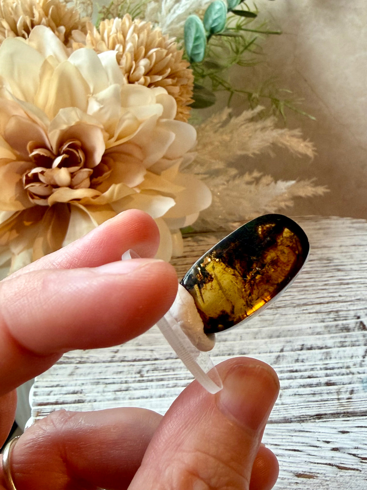 Natural Chiapas Amber cabochon from Mexico with warm golden tones and polished finish.