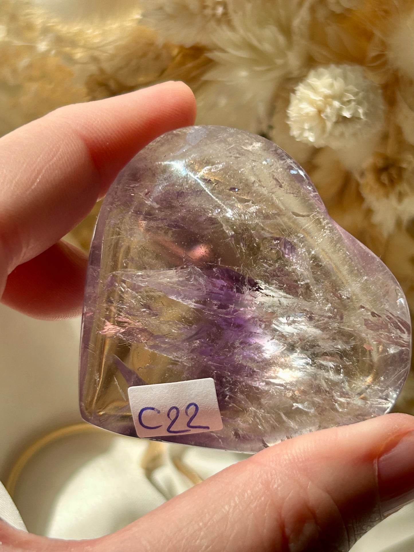 Amethyst Heart with Phantom & Rainbows | High-Grade Polished Crystal | Brazil | on gold stand