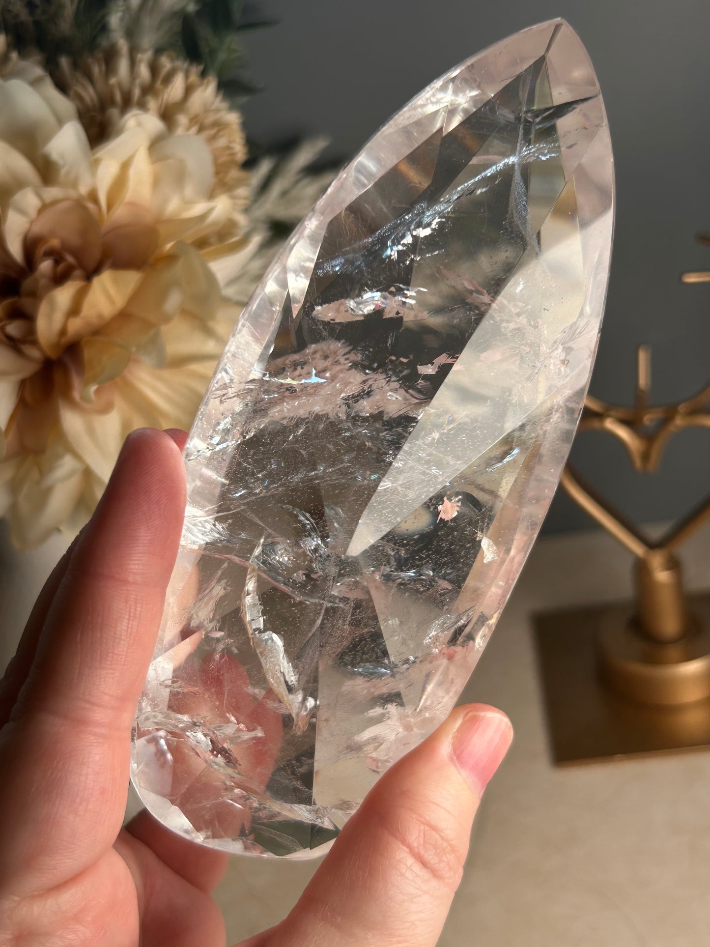 Faceted Clear Quartz Display Crystal on Custom Spinning Stand – Natural Quartz Statement Piece
