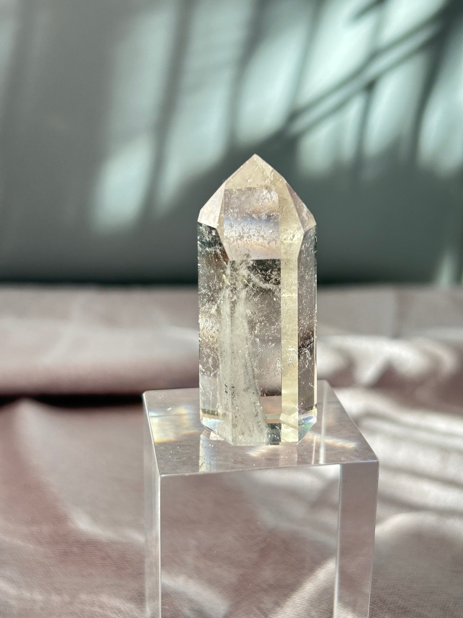 Grey Phantom Quartz tower from Brazil with soft grey internal phantoms and polished point