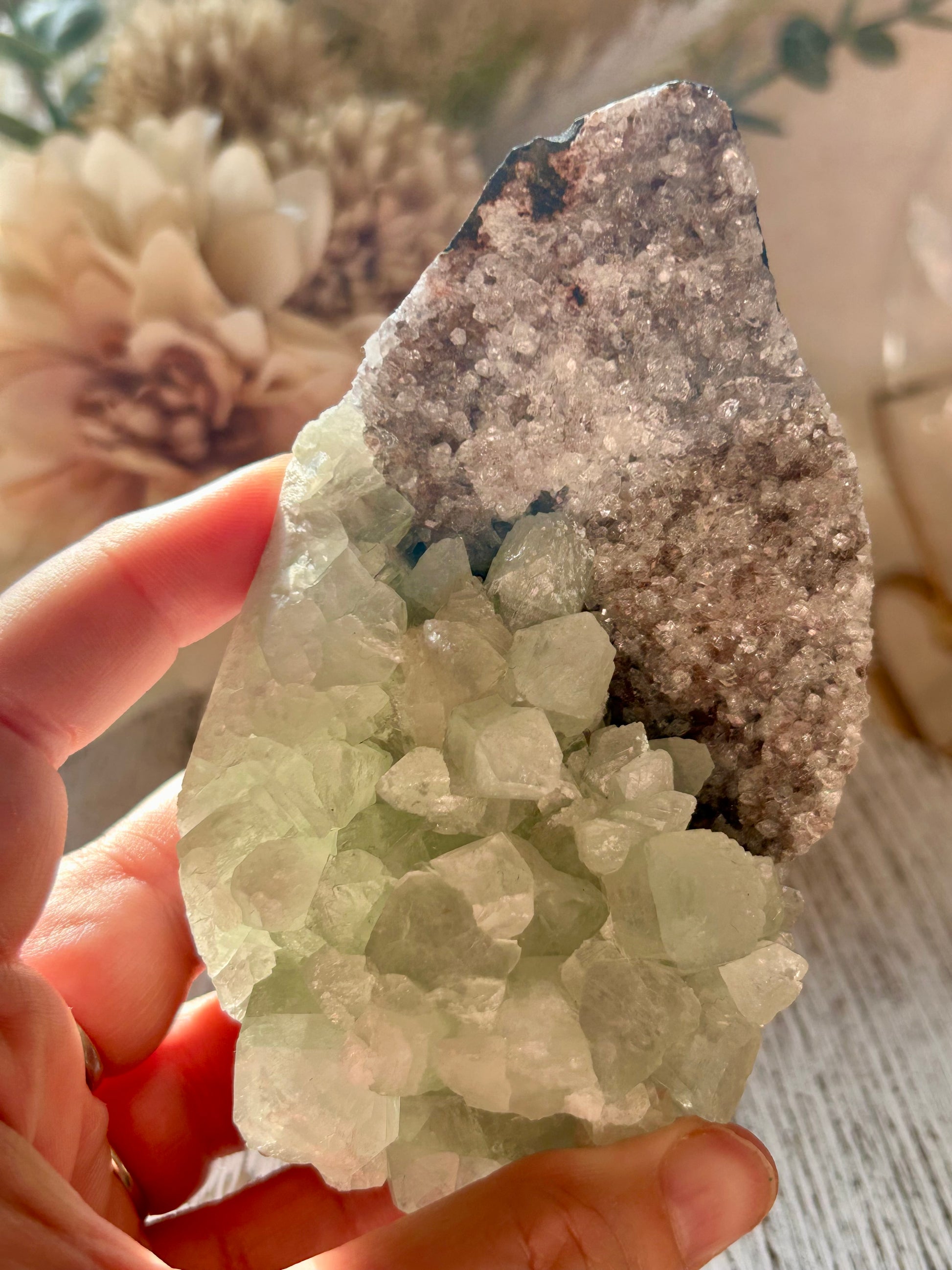 Green Apophyllite on Red Chalcedony cluster with sparkling green crystals and natural red mineral matrix.